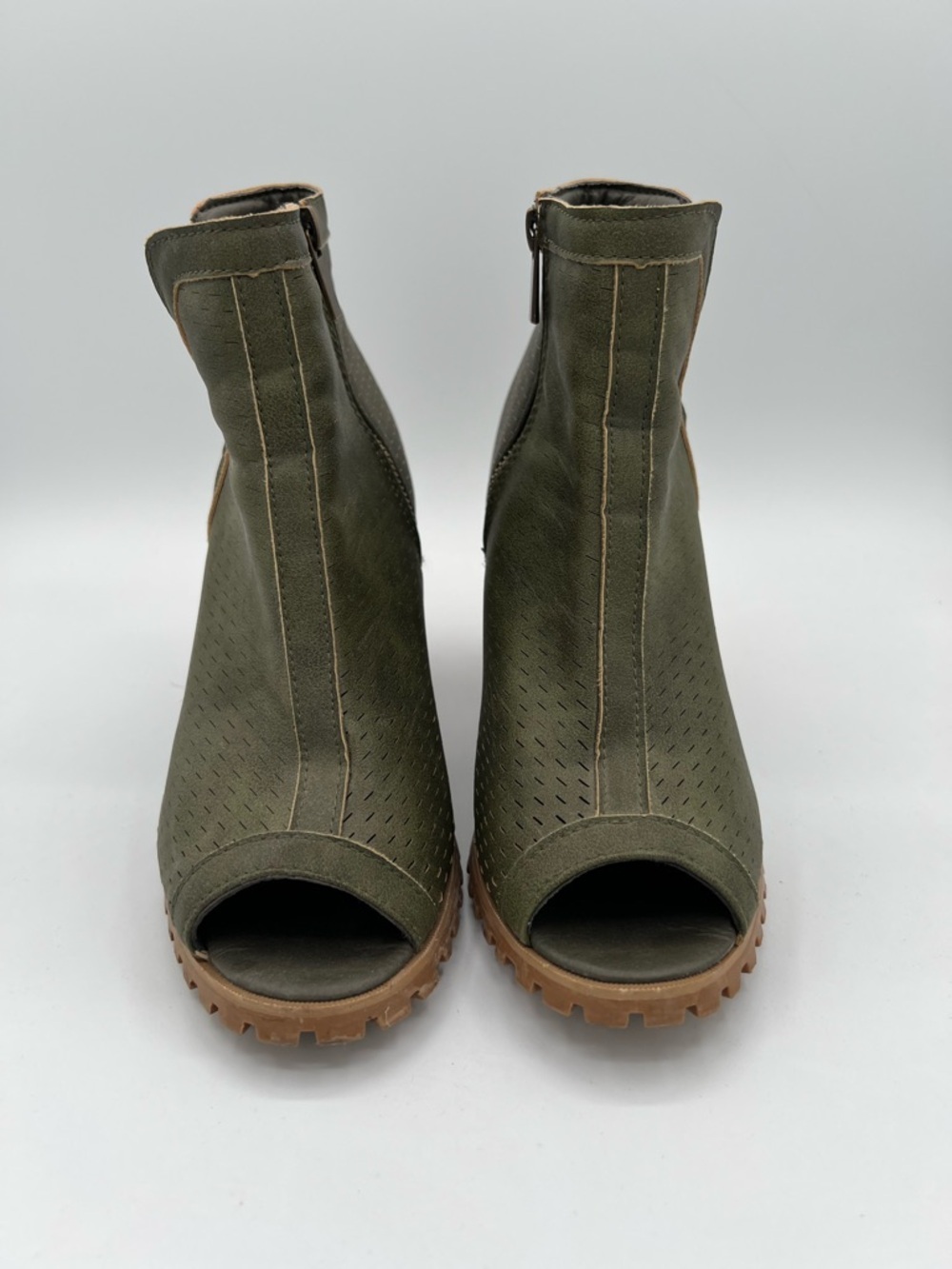 Seven7 Olive Green Peep-Toe Stacked Heel Booties - Picture 2 of 6